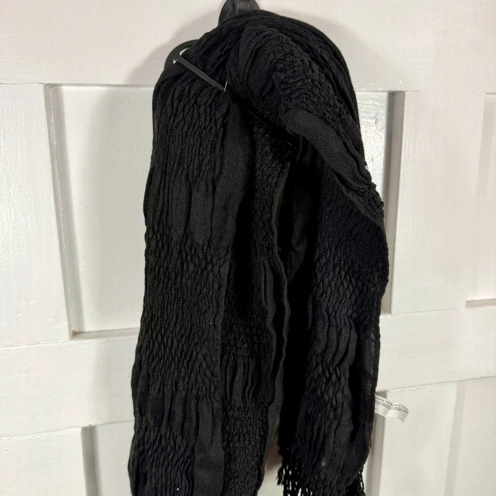 Woven Black Shawl Scarf Crinkle‎ Texture Fringe One Size